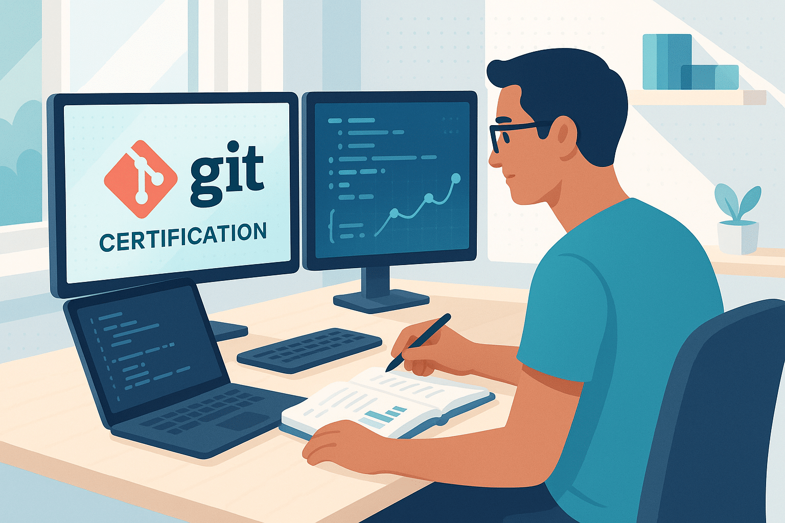 Personne regardant un certificat Git avec un graphique en hausse sur un bureau numérique.