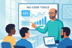 Un enseignant présentant des outils no-code à un groupe d'élèves, incluant un graphique et du code sur un écran.