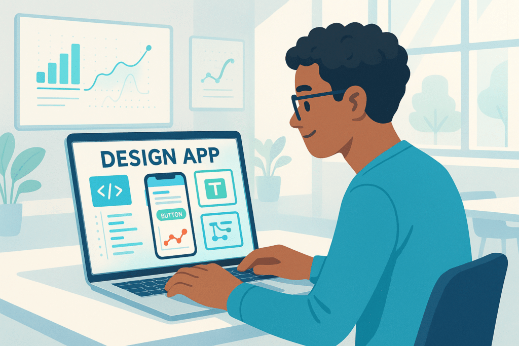 Illustration d'un homme utilisant un ordinateur pour travailler sur un projet no-code, avec un document no-code et des outils de bureau.