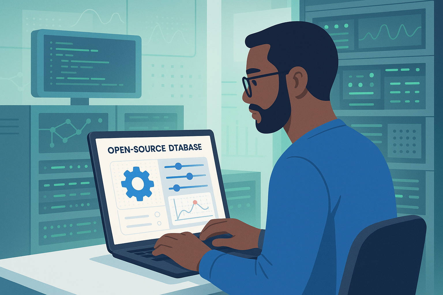 Un utilisateur travaillant sur un ordinateur portable affichant une interface de base de données open source avec des graphiques et des paramètres.