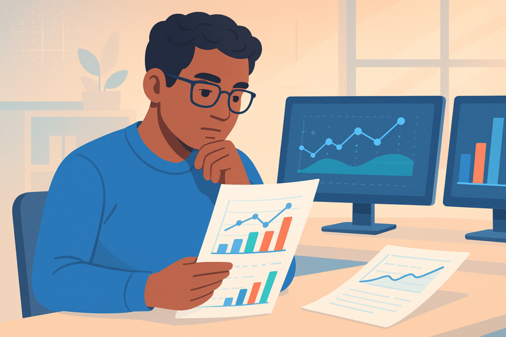 Un étudiant suivant une formation temps partiel, concentré sur un ordinateur portable avec des graphiques et des données affichées en arrière-plan.
