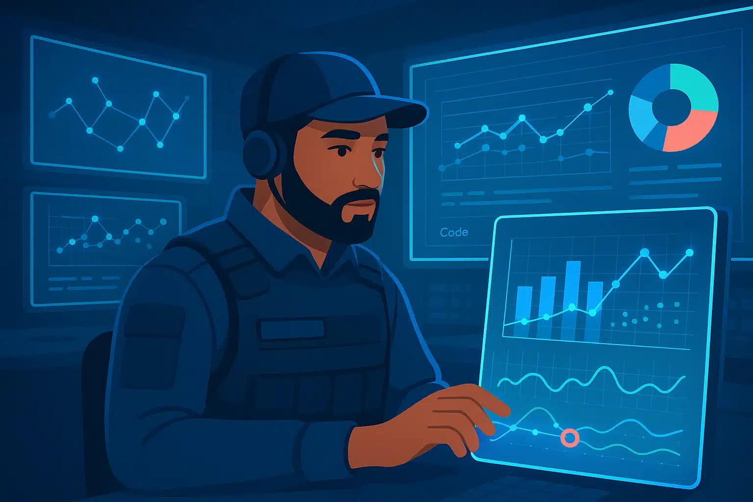 Un analyste utilisant un logiciel Palantir pour visualiser des données sur un écran avec des graphiques et statistiques.