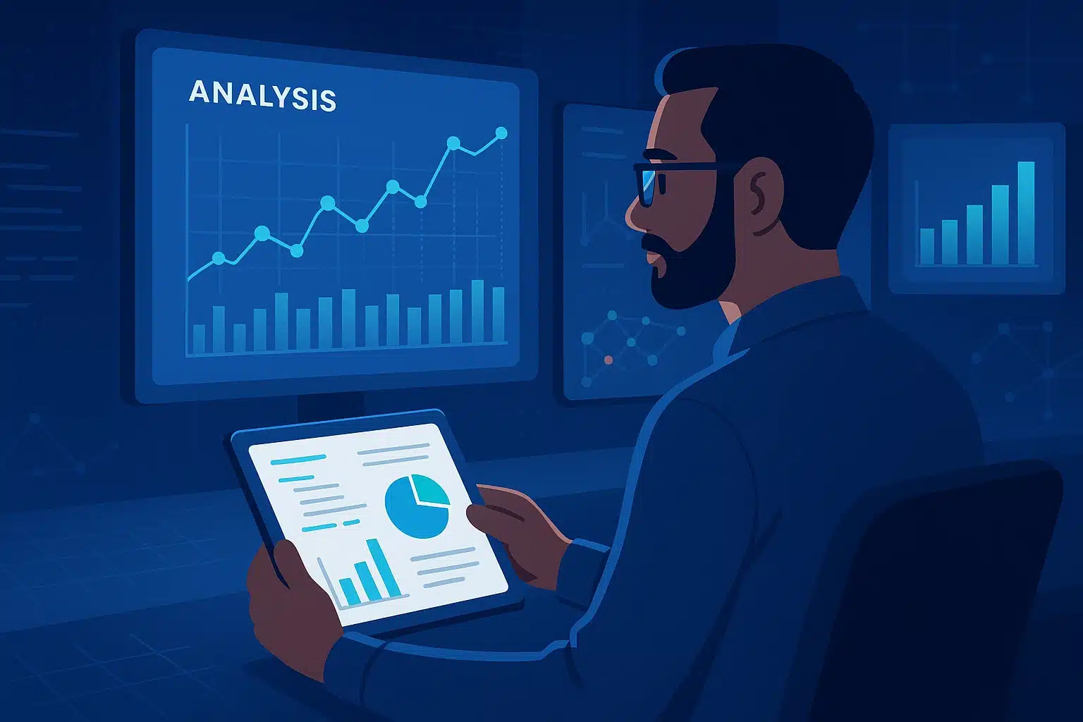 Un analyste examine des graphiques de données sur des écrans tout en utilisant une tablette pour effectuer une analyse avec Palantir.