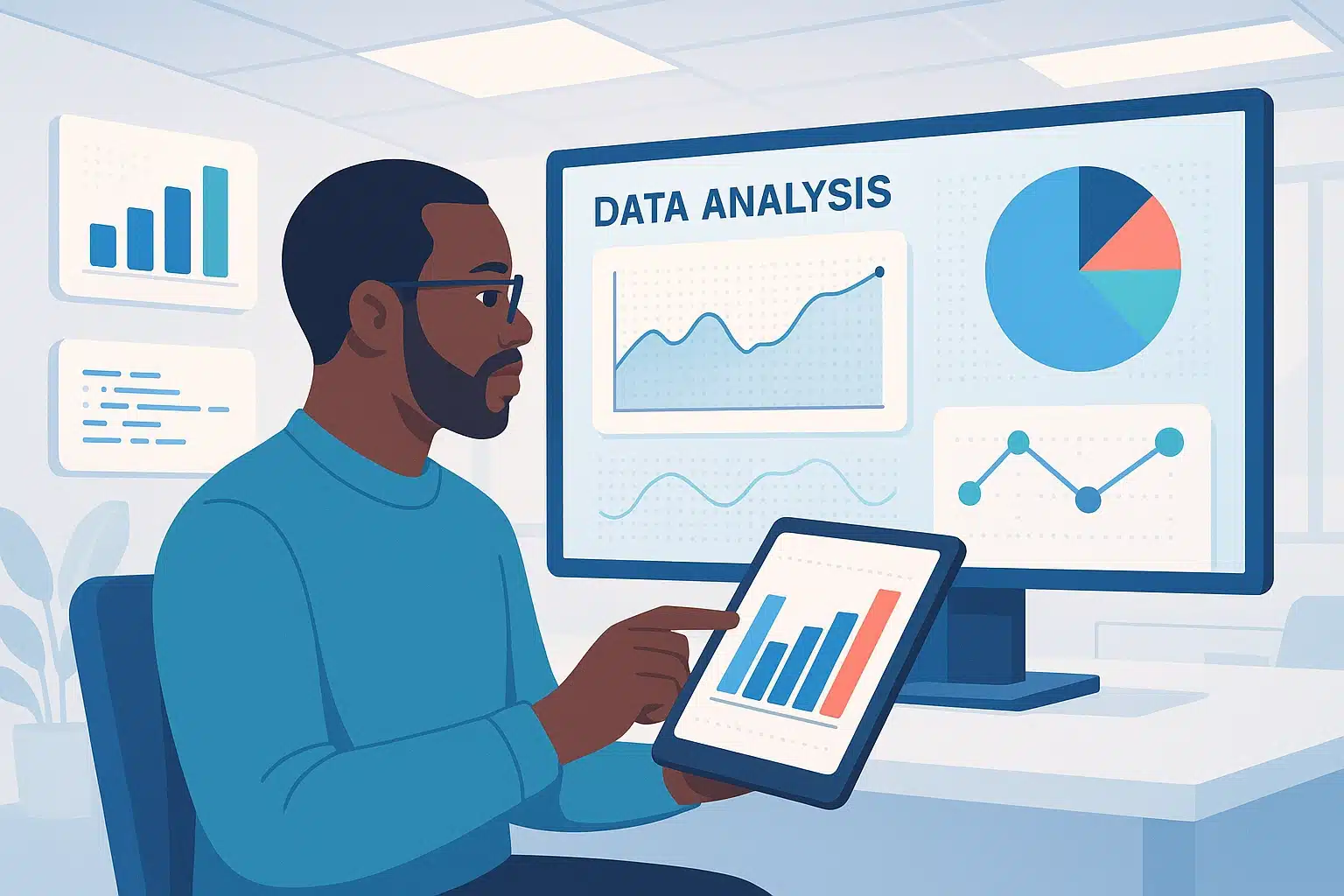 Professionnel utilisant un tableau de bord pour l'analyse de données avec des graphiques sur un écran et une tablette, illustrant l'utilisation de Palantir.