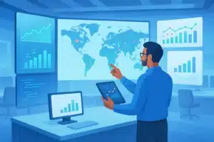 Un analyste utilisant des technologies Palantir pour visualiser des données sur un écran interactif avec des graphiques et une carte du monde.