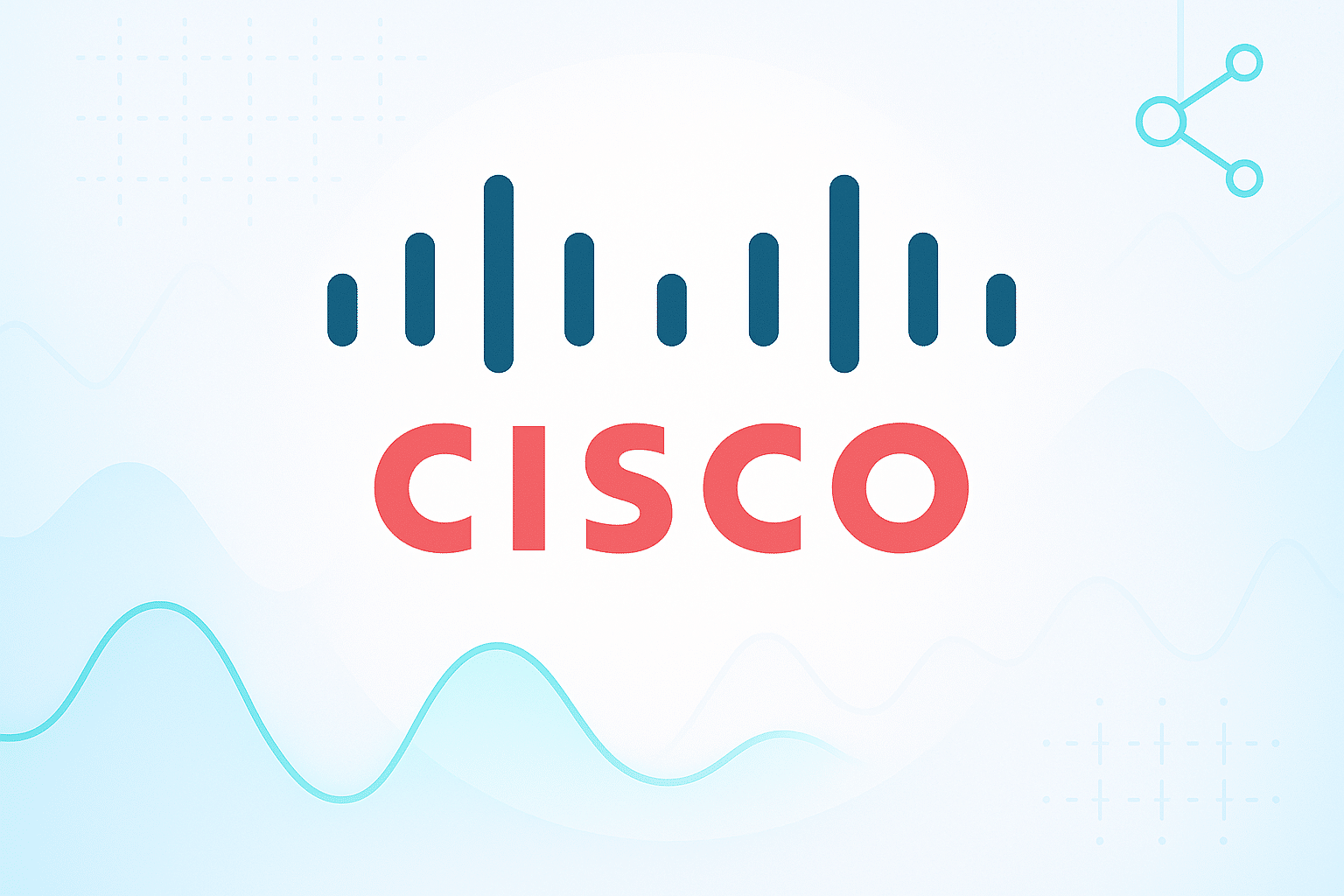 Illustration du logo Cisco avec des graphismes abstraits de réseau et de données en arrière-plan.