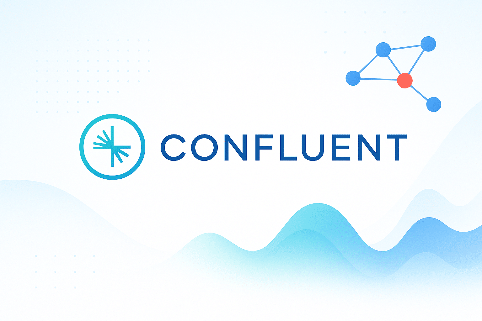 Logo Confluent avec un graphique de réseau stylisé et un motif de vagues abstrait.