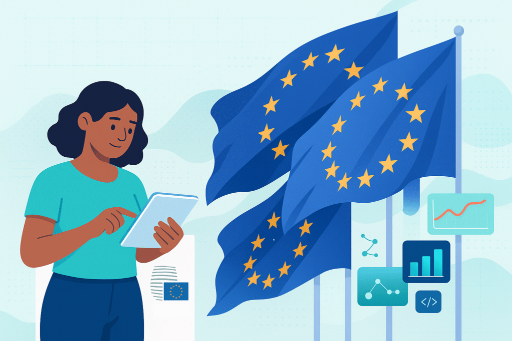 Illustration d’une femme consultant une tablette devant plusieurs drapeaux de l’Union européenne. Autour d’elle figurent des icônes représentant des graphiques, des données et des éléments numériques, symbolisant la technologie, la gouvernance des données ou la transformation digitale en Europe.