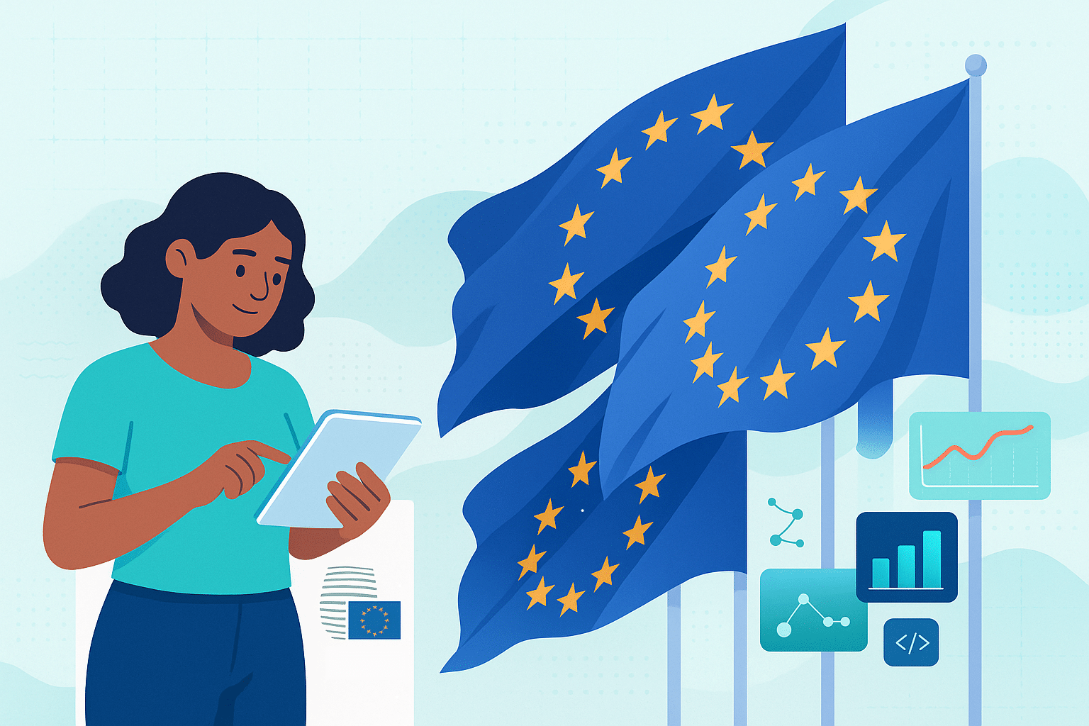 Illustration d’une femme consultant une tablette devant plusieurs drapeaux de l’Union européenne. Autour d’elle figurent des icônes représentant des graphiques, des données et des éléments numériques, symbolisant la technologie, la gouvernance des données ou la transformation digitale en Europe.