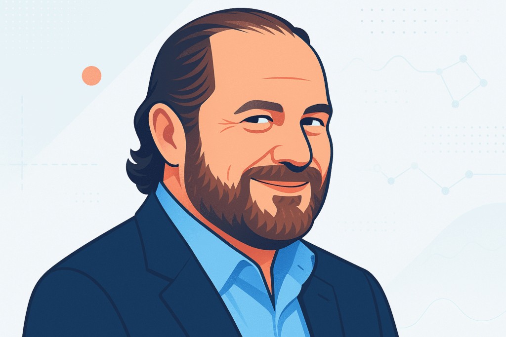 Portrait illustré d’un dirigeant de Salesforce en costume, souriant devant un arrière-plan à thématique technologique