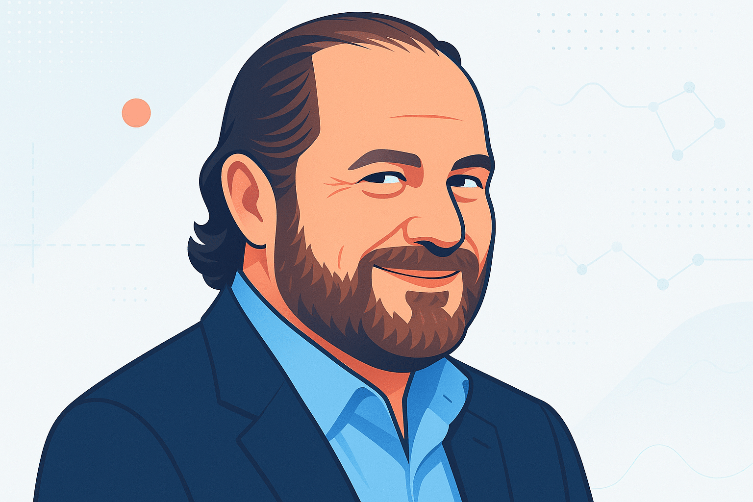 Portrait illustré d’un dirigeant de Salesforce en costume, souriant devant un arrière-plan à thématique technologique