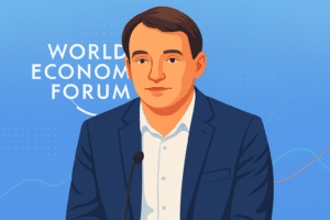 Illustration d’un dirigeant d’entreprise s’exprimant au Forum économique mondial, avec un microphone devant lui.