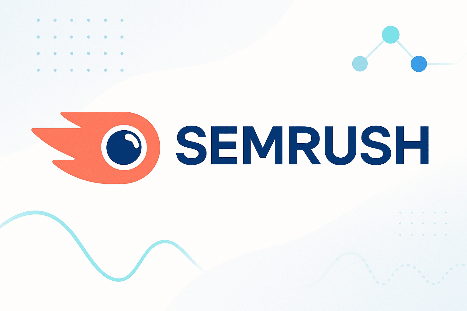 Logo de SEMrush affiché sur un fond blanc avec des graphismes abstraits sur le thème du marketing.