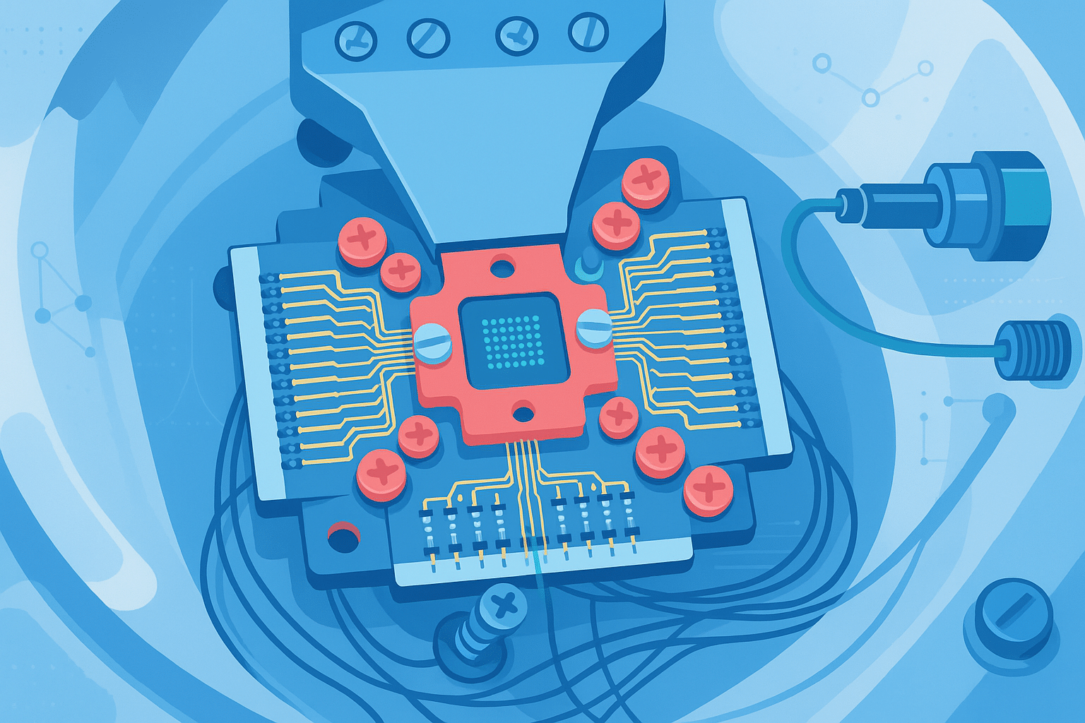 Illustration d’un processeur quantique avec un câblage et des circuits complexes, représentant une technologie 64‑qubit avancée.